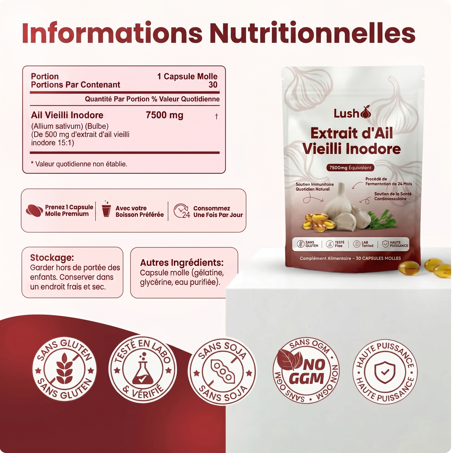 Extrait d'ail vieilli - 7500 mg, gélules inodores
